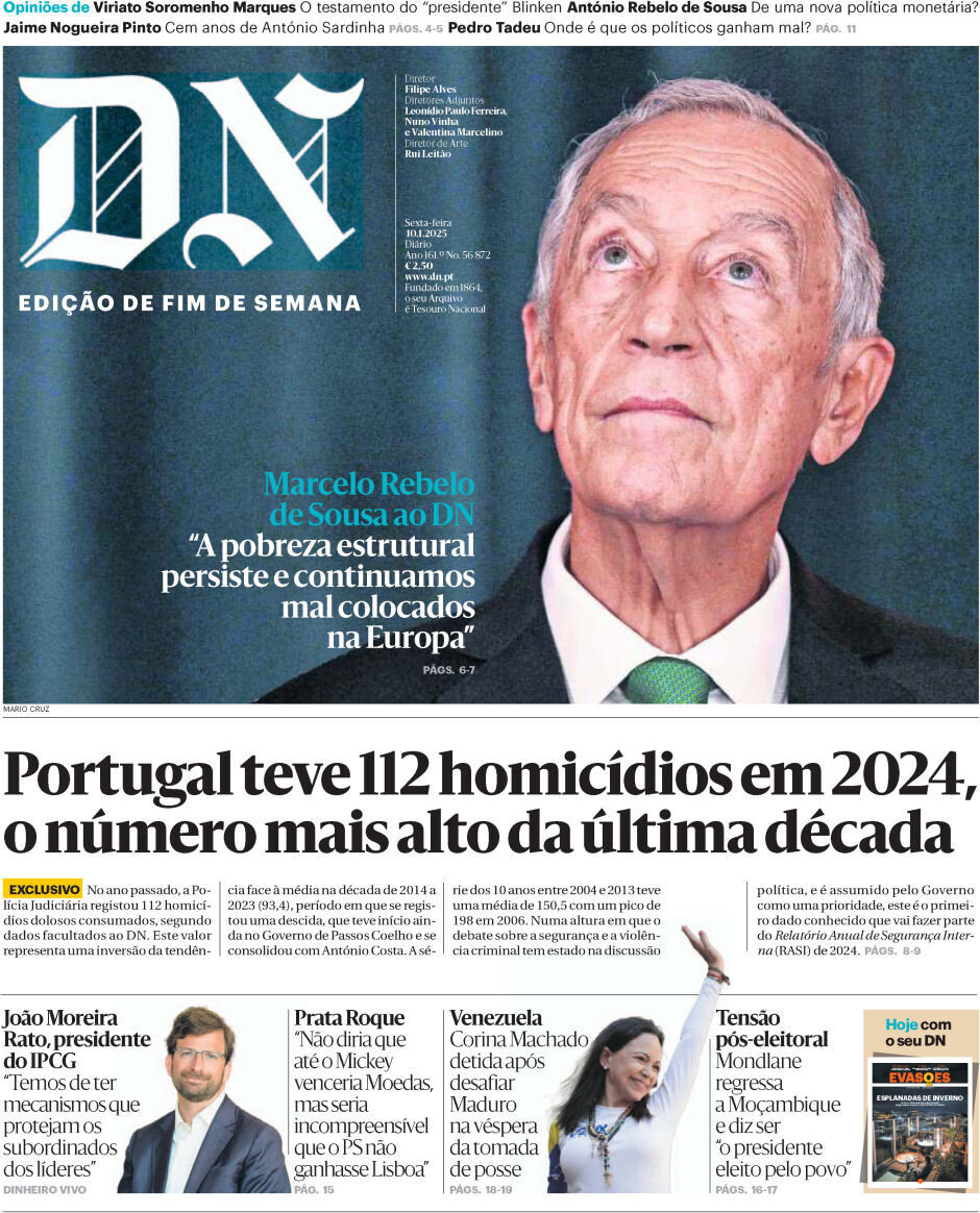 Di&aacute;rio de Not&iacute;cias: Capa da Edi&ccedil;&atilde;o de sexta-feira, 10 de janeiro 2025