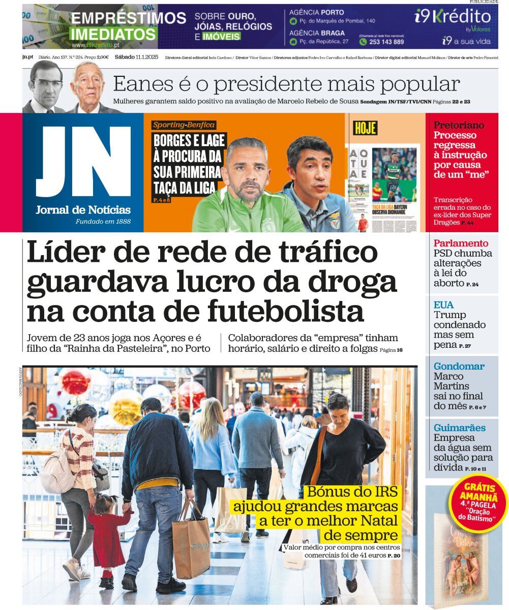 Jornal de Not&iacute;cias: Capa da Edi&ccedil;&atilde;o de s&aacute;bado, 11 de janeiro 2025