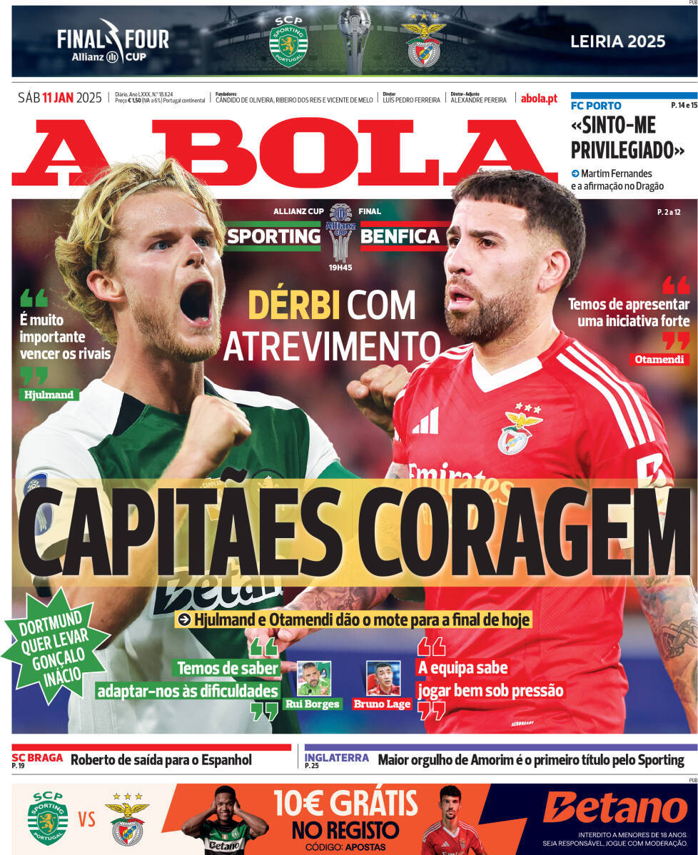A Bola: Capa da Edi&ccedil;&atilde;o de s&aacute;bado, 11 de janeiro 2025