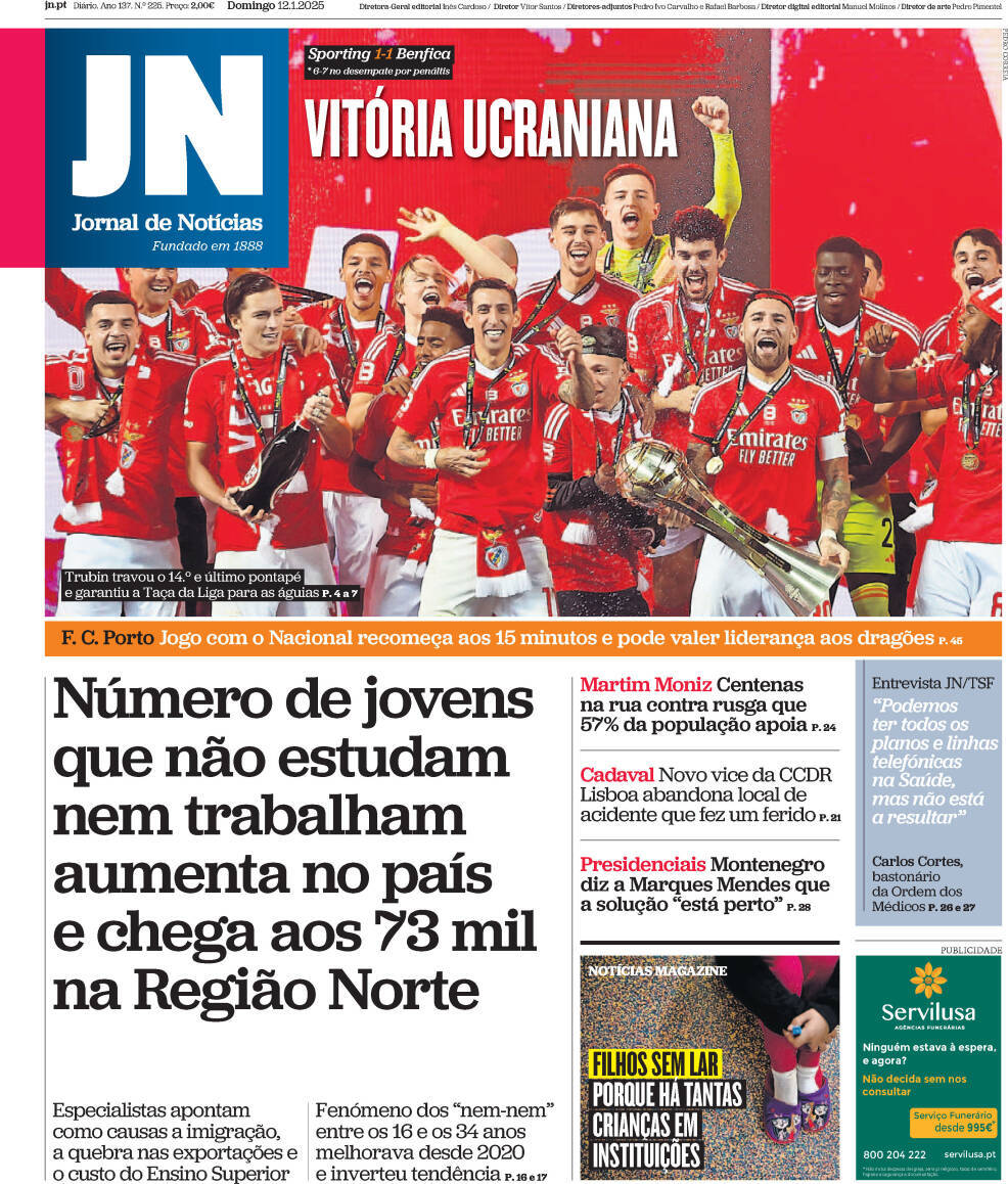 Jornal de Not&iacute;cias: Capa da Edi&ccedil;&atilde;o de domingo, 12 de janeiro 2025
