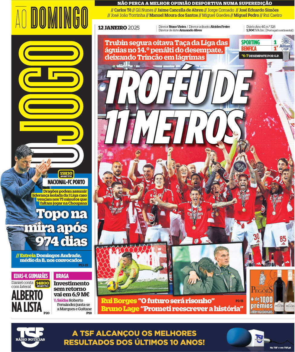 O Jogo: Capa da Edi&ccedil;&atilde;o de domingo, 12 de janeiro 2025