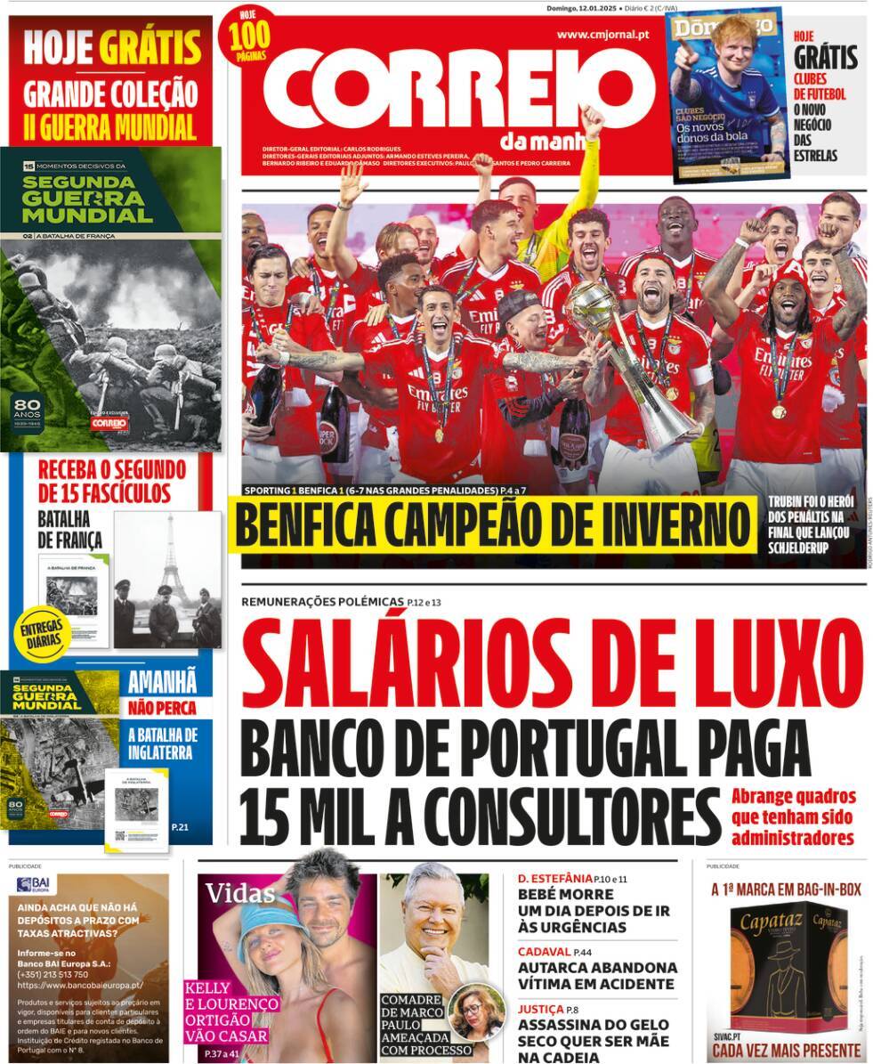 Correio da Manh&atilde;: Capa da Edi&ccedil;&atilde;o de domingo, 12 de janeiro 2025