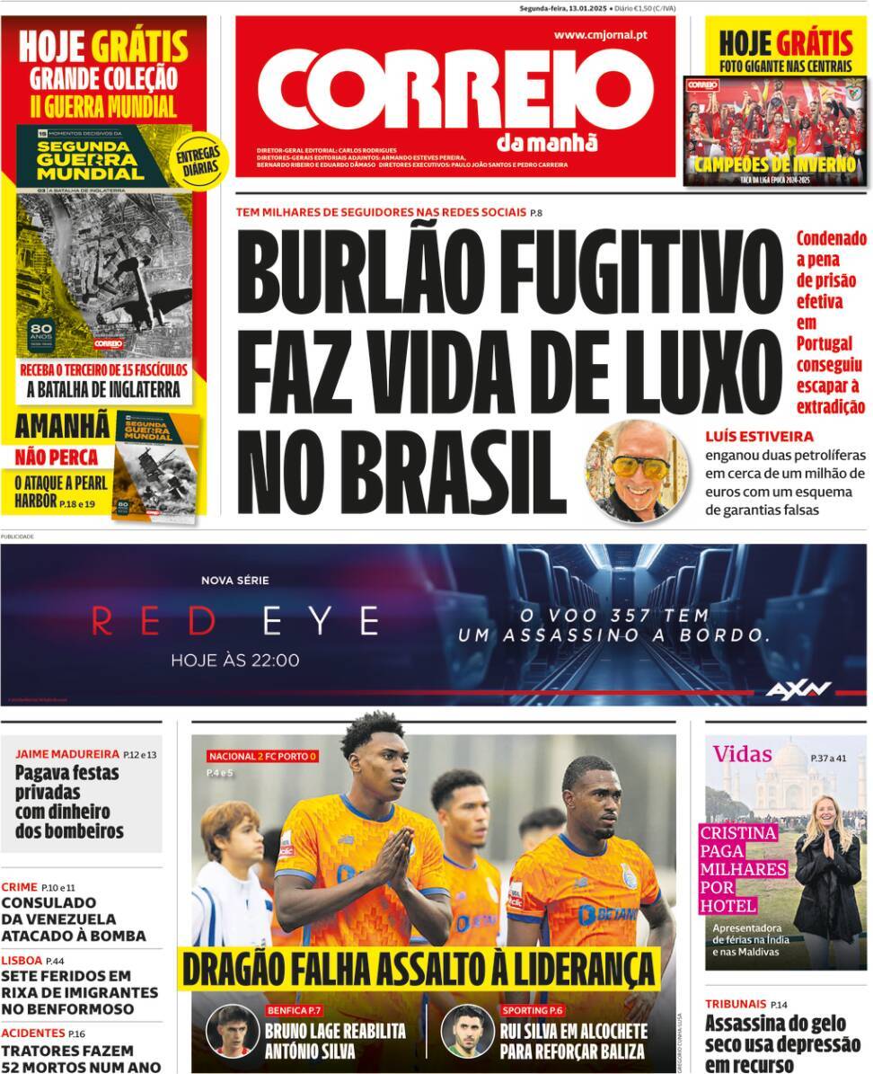 Correio da Manh&atilde;: Capa da Edi&ccedil;&atilde;o de segunda-feira, 13 de janeiro 2025
