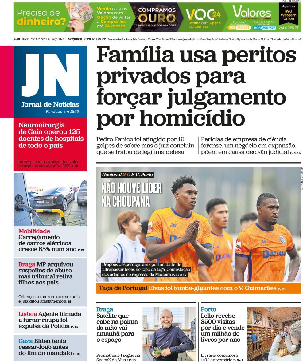 Jornal de Not&iacute;cias: Capa da Edi&ccedil;&atilde;o de segunda-feira, 13 de janeiro 2025