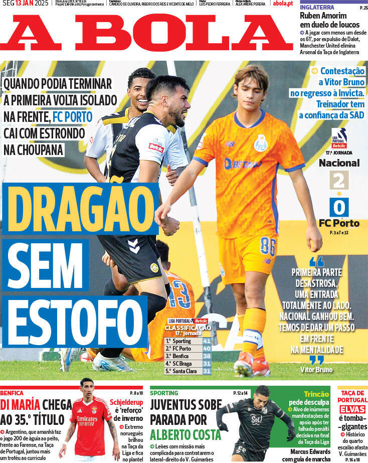 A Bola: Capa da Edi&ccedil;&atilde;o de segunda-feira, 13 de janeiro 2025