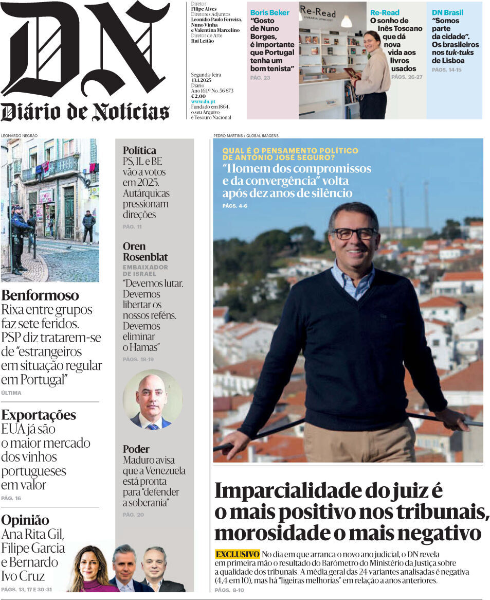 Di&aacute;rio de Not&iacute;cias: Capa da Edi&ccedil;&atilde;o de segunda-feira, 13 de janeiro 2025
