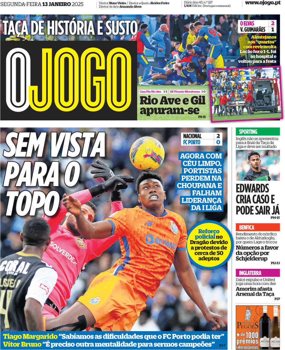 O Jogo: Capa da Edi&ccedil;&atilde;o de segunda-feira, 13 de janeiro 2025