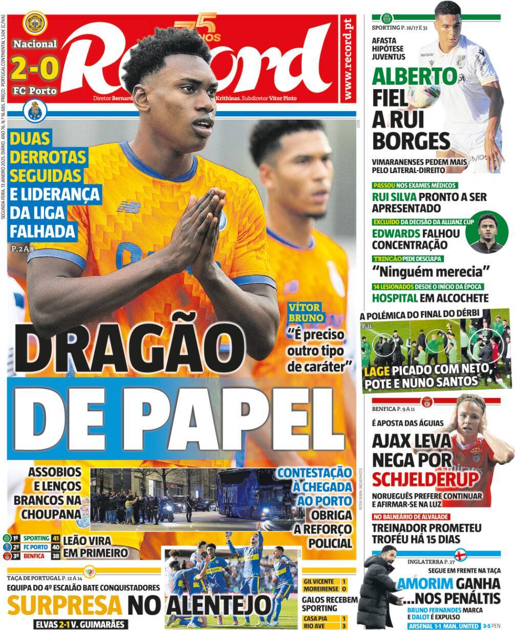 Record: Capa da Edi&ccedil;&atilde;o de segunda-feira, 13 de janeiro 2025