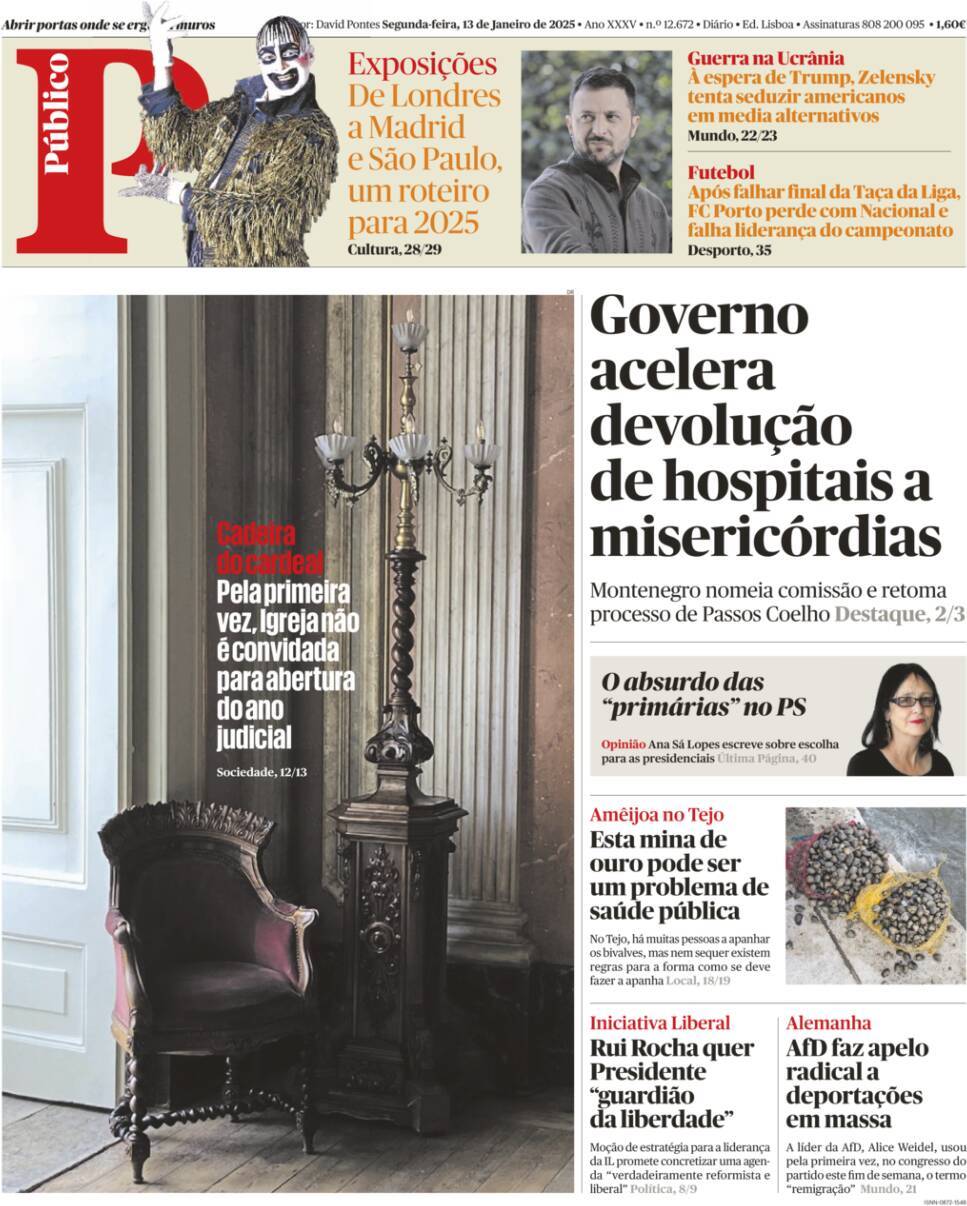 P&uacute;blico: Capa da Edi&ccedil;&atilde;o de segunda-feira, 13 de janeiro 2025