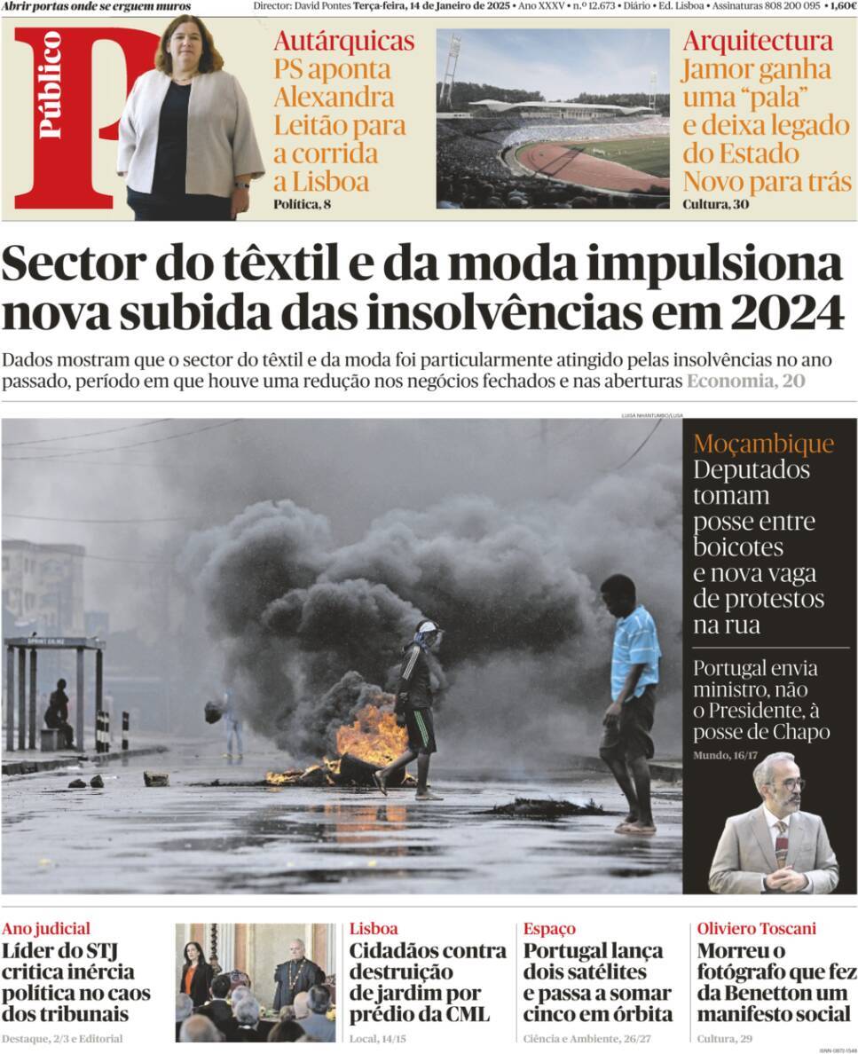 P&uacute;blico: Capa da Edi&ccedil;&atilde;o de ter&ccedil;a-feira, 14 de janeiro 2025