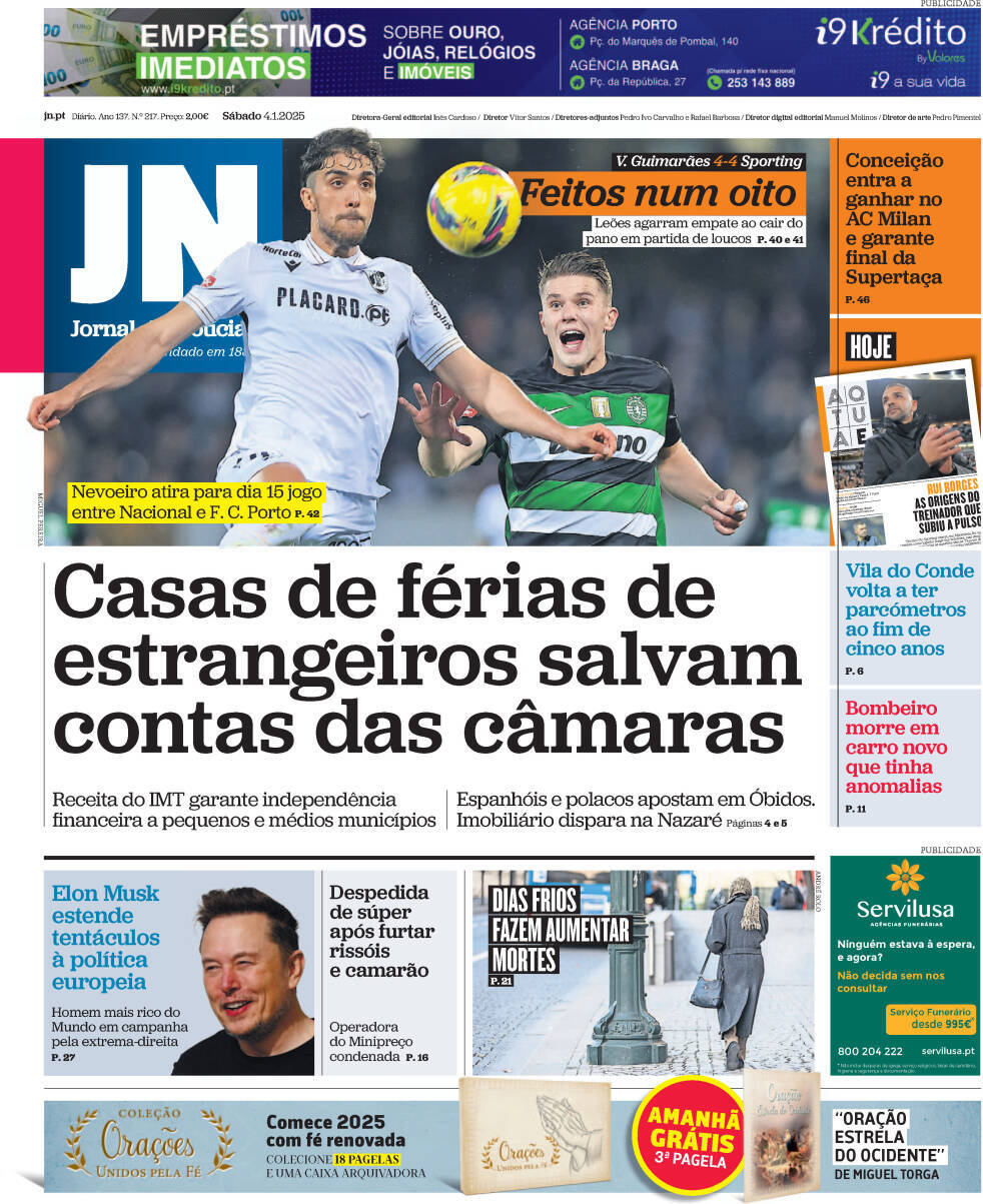P&uacute;blico: Capa da Edi&ccedil;&atilde;o de s&aacute;bado, 04 de janeiro 2025