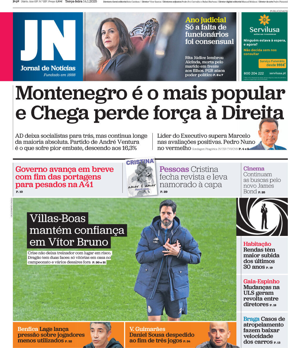 Jornal de Not&iacute;cias: Capa da Edi&ccedil;&atilde;o de ter&ccedil;a-feira, 14 de janeiro 2025