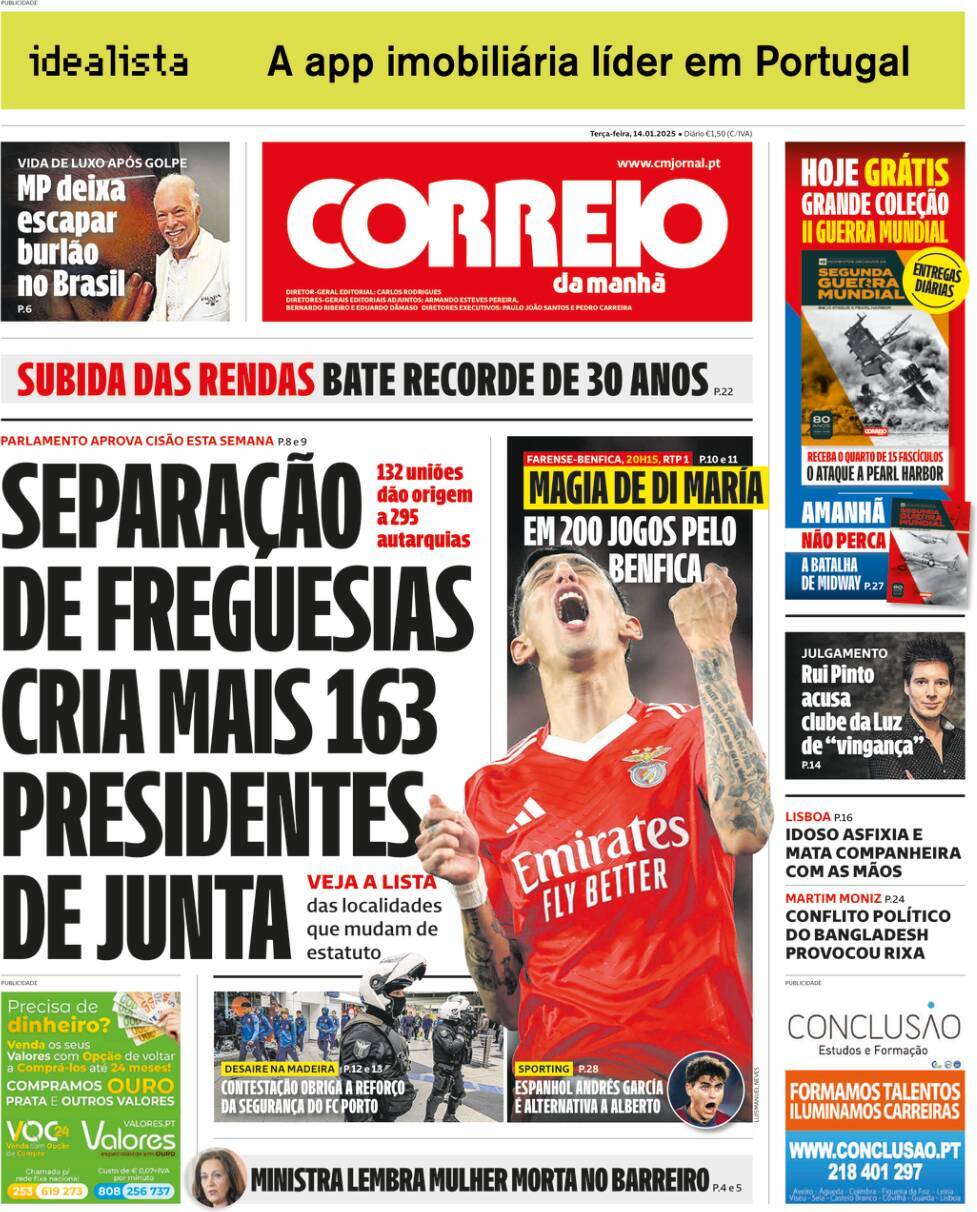 Correio da Manh&atilde;: Capa da Edi&ccedil;&atilde;o de ter&ccedil;a-feira, 14 de janeiro 2025