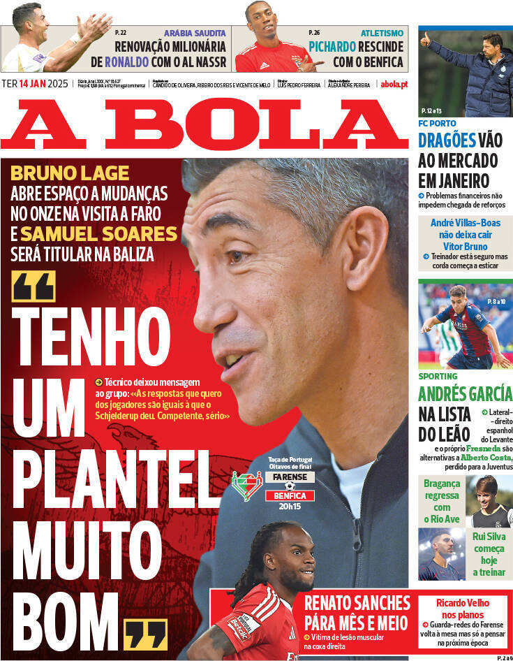 A Bola: Capa da Edi&ccedil;&atilde;o de ter&ccedil;a-feira, 14 de janeiro 2025