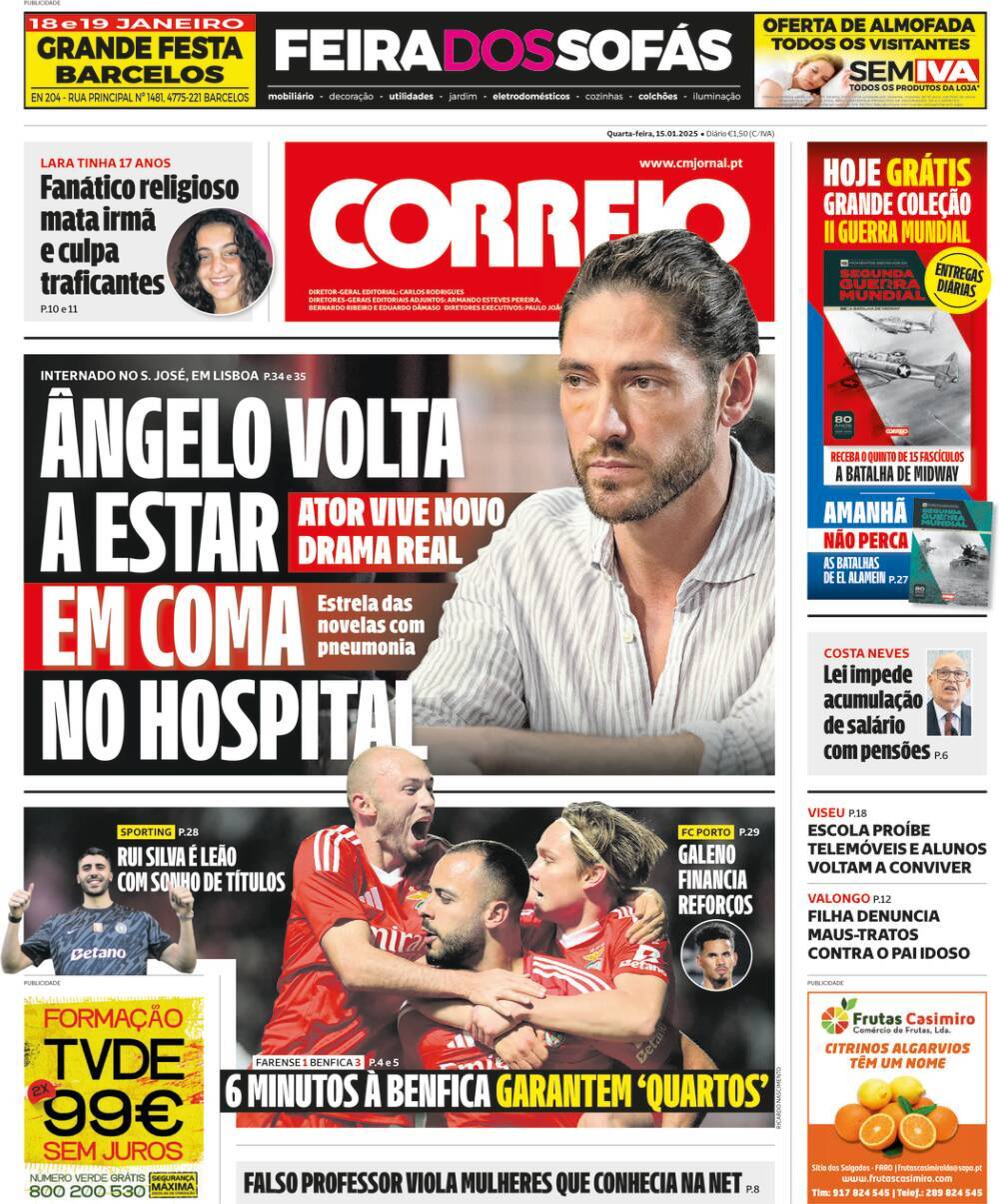 Correio da Manh&atilde;: Capa da Edi&ccedil;&atilde;o de quarta-feira, 15 de janeiro 2025