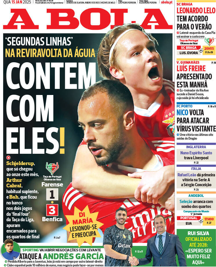A Bola: Capa da Edi&ccedil;&atilde;o de quarta-feira, 15 de janeiro 2025