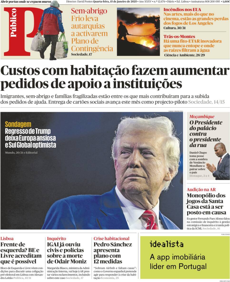 P&uacute;blico: Capa da Edi&ccedil;&atilde;o de quarta-feira, 15 de janeiro 2025