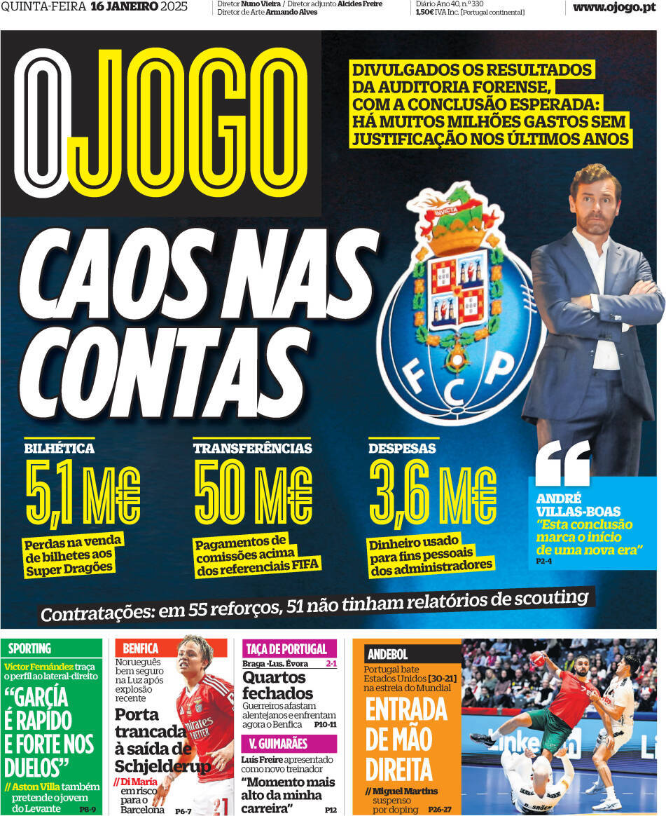 O Jogo: Capa da Edi&ccedil;&atilde;o de quinta-feira, 16 de janeiro 2025