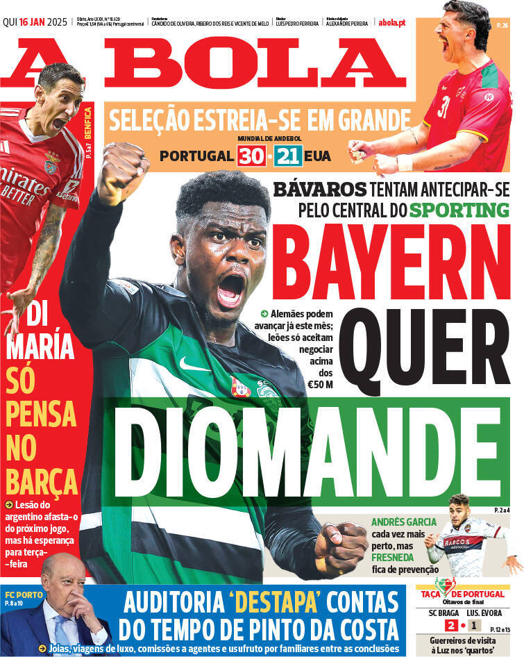 A Bola: Capa da Edi&ccedil;&atilde;o de quinta-feira, 16 de janeiro 2025