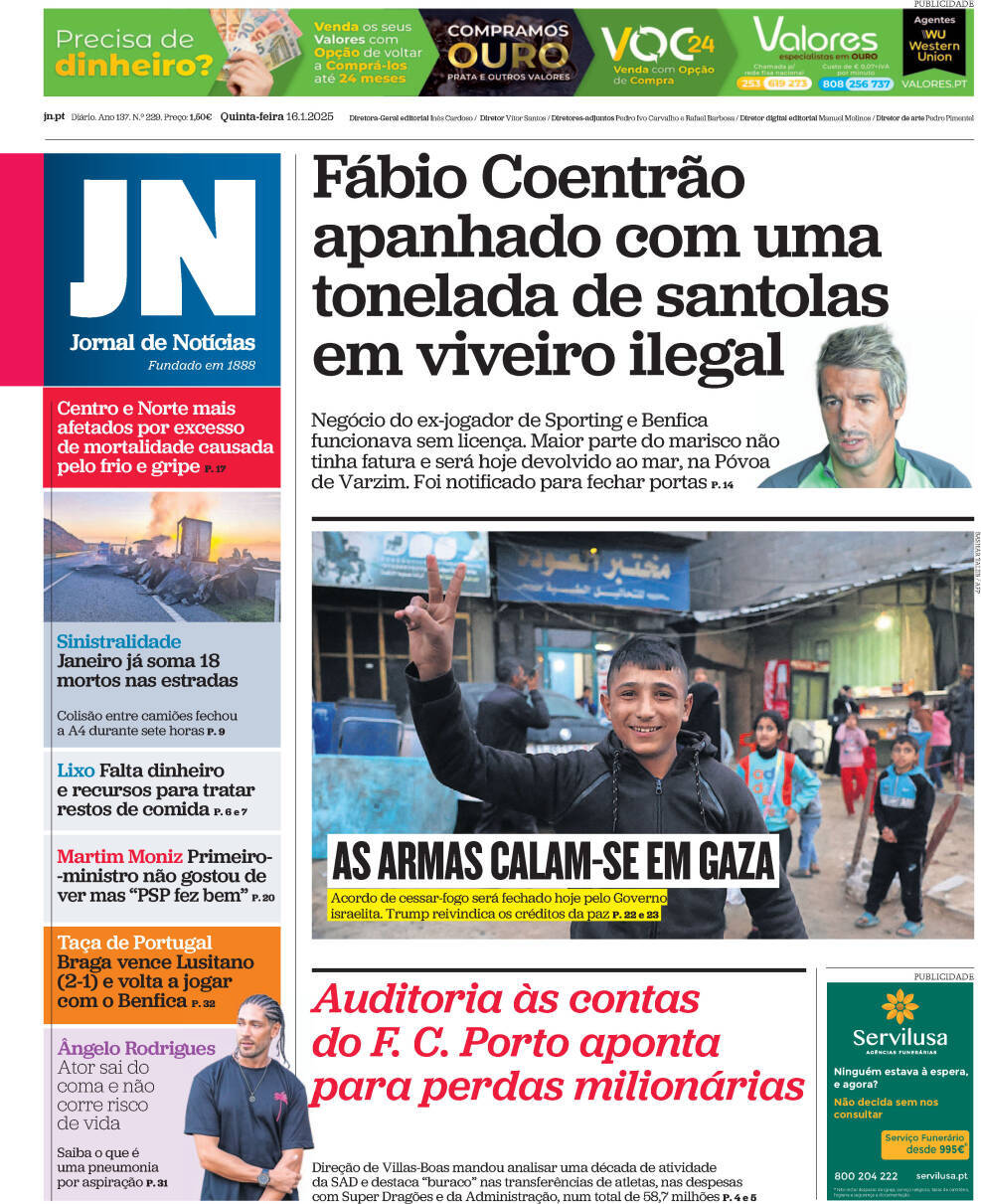 Jornal de Not&iacute;cias: Capa da Edi&ccedil;&atilde;o de quinta-feira, 16 de janeiro 2025