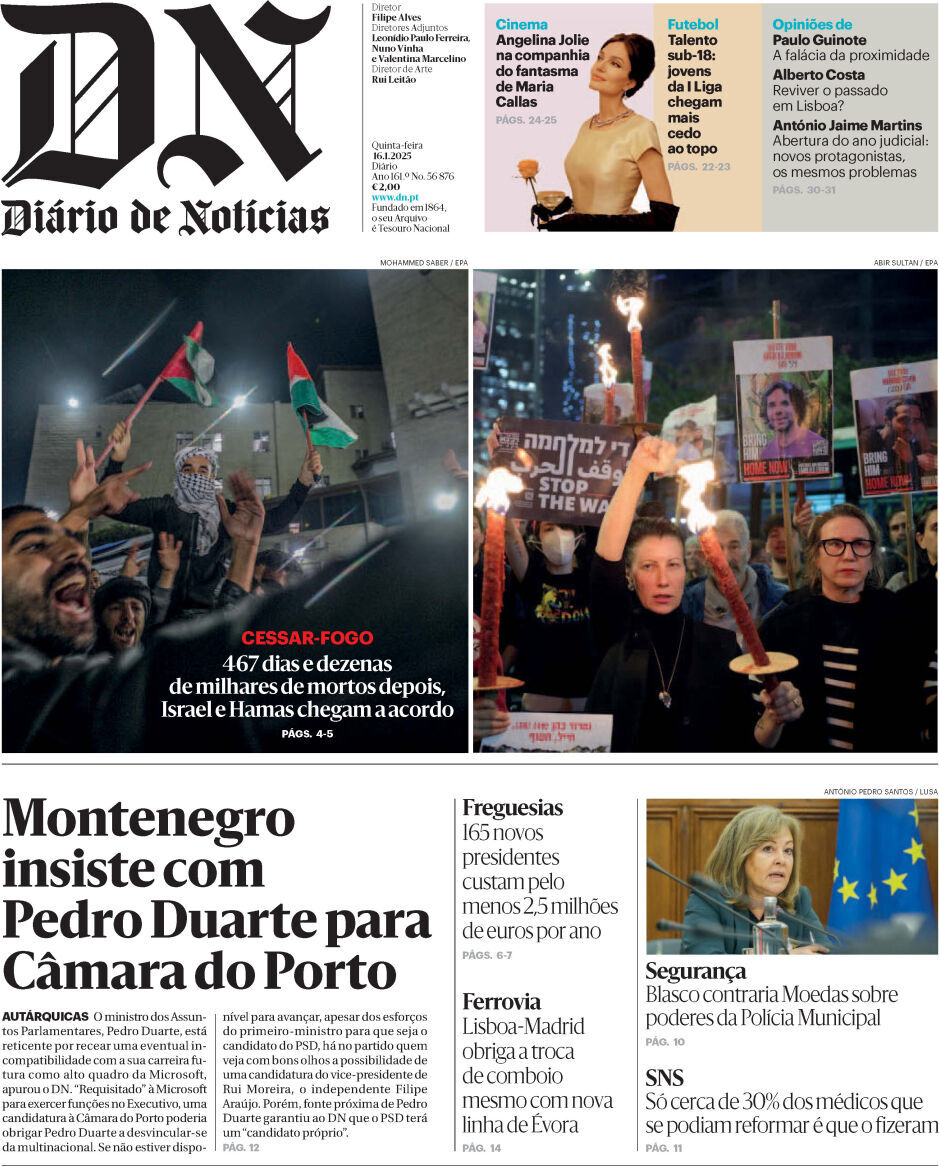 Di&aacute;rio de Not&iacute;cias: Capa da Edi&ccedil;&atilde;o de quinta-feira, 16 de janeiro 2025