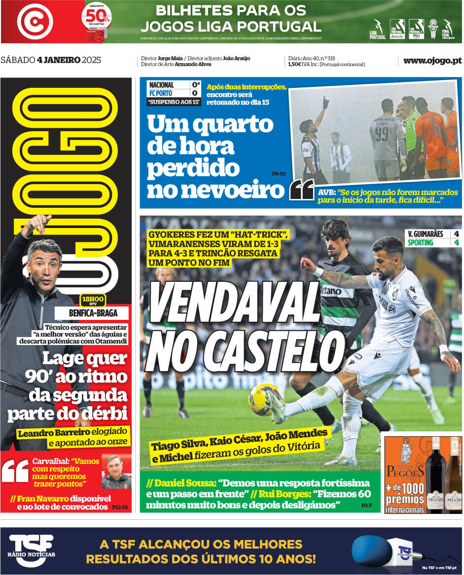 O Jogo: Capa da Edi&ccedil;&atilde;o de s&aacute;bado, 04 de janeiro 2025