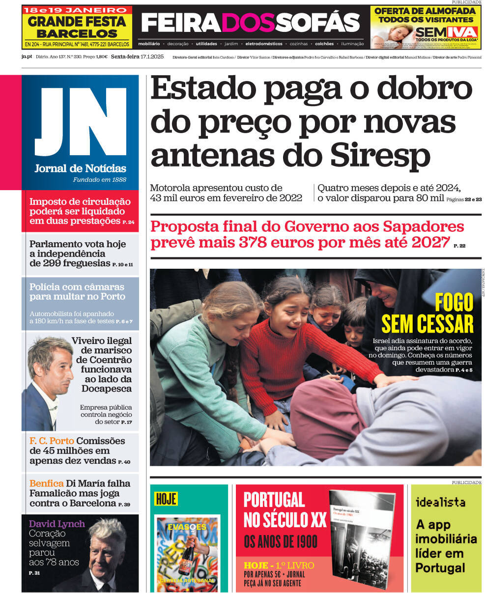 Jornal de Not&iacute;cias: Capa da Edi&ccedil;&atilde;o de sexta-feira, 17 de janeiro 2025