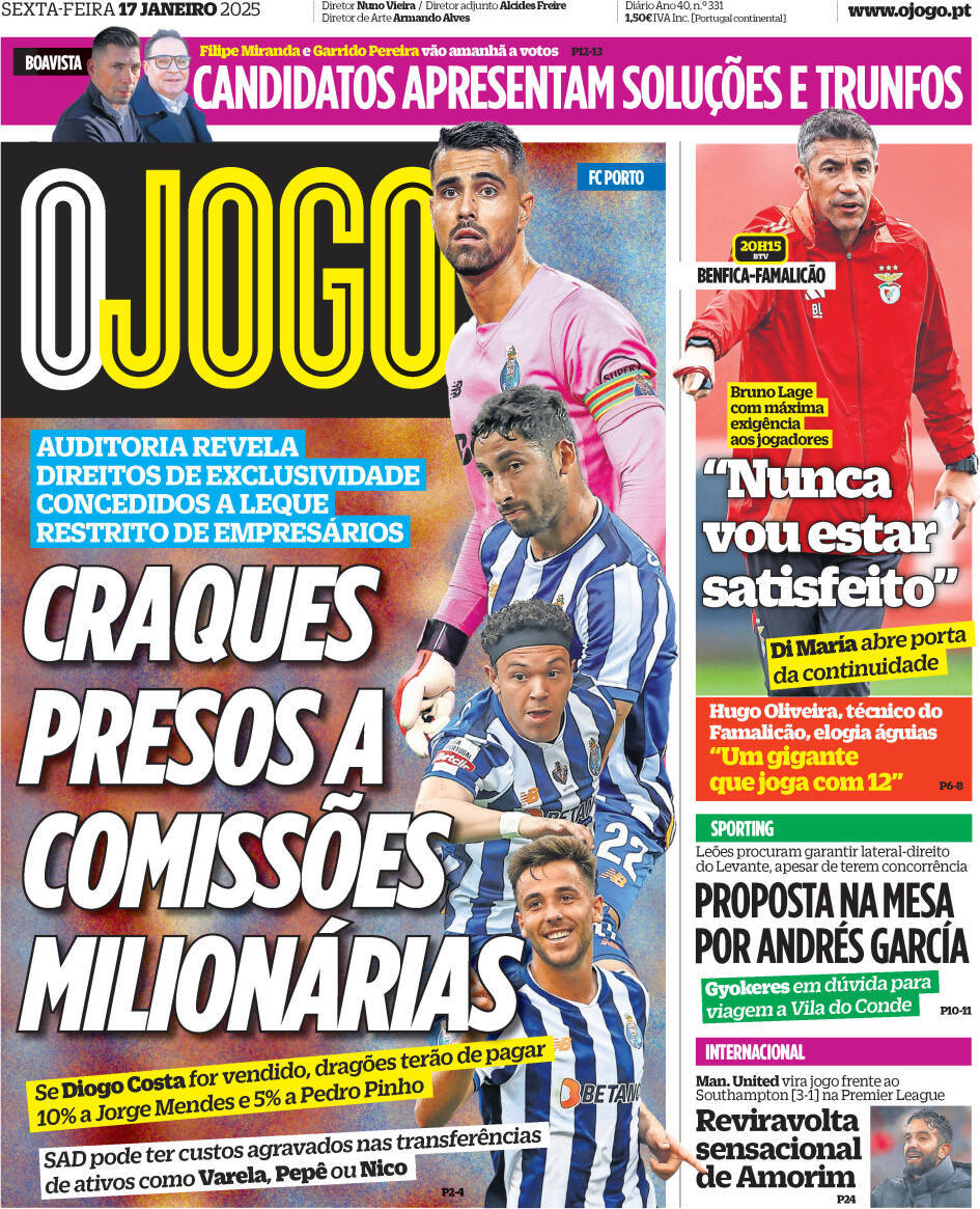 O Jogo: Capa da Edi&ccedil;&atilde;o de sexta-feira, 17 de janeiro 2025