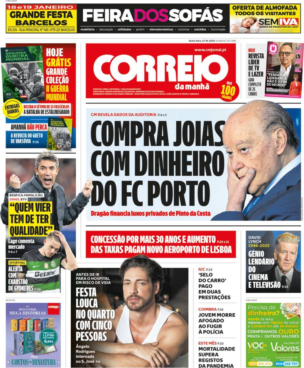 Correio da Manh&atilde;: Capa da Edi&ccedil;&atilde;o de sexta-feira, 17 de janeiro 2025