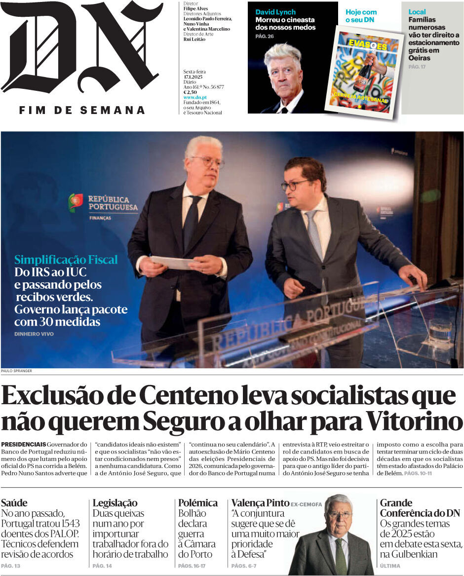Di&aacute;rio de Not&iacute;cias: Capa da Edi&ccedil;&atilde;o de sexta-feira, 17 de janeiro 2025