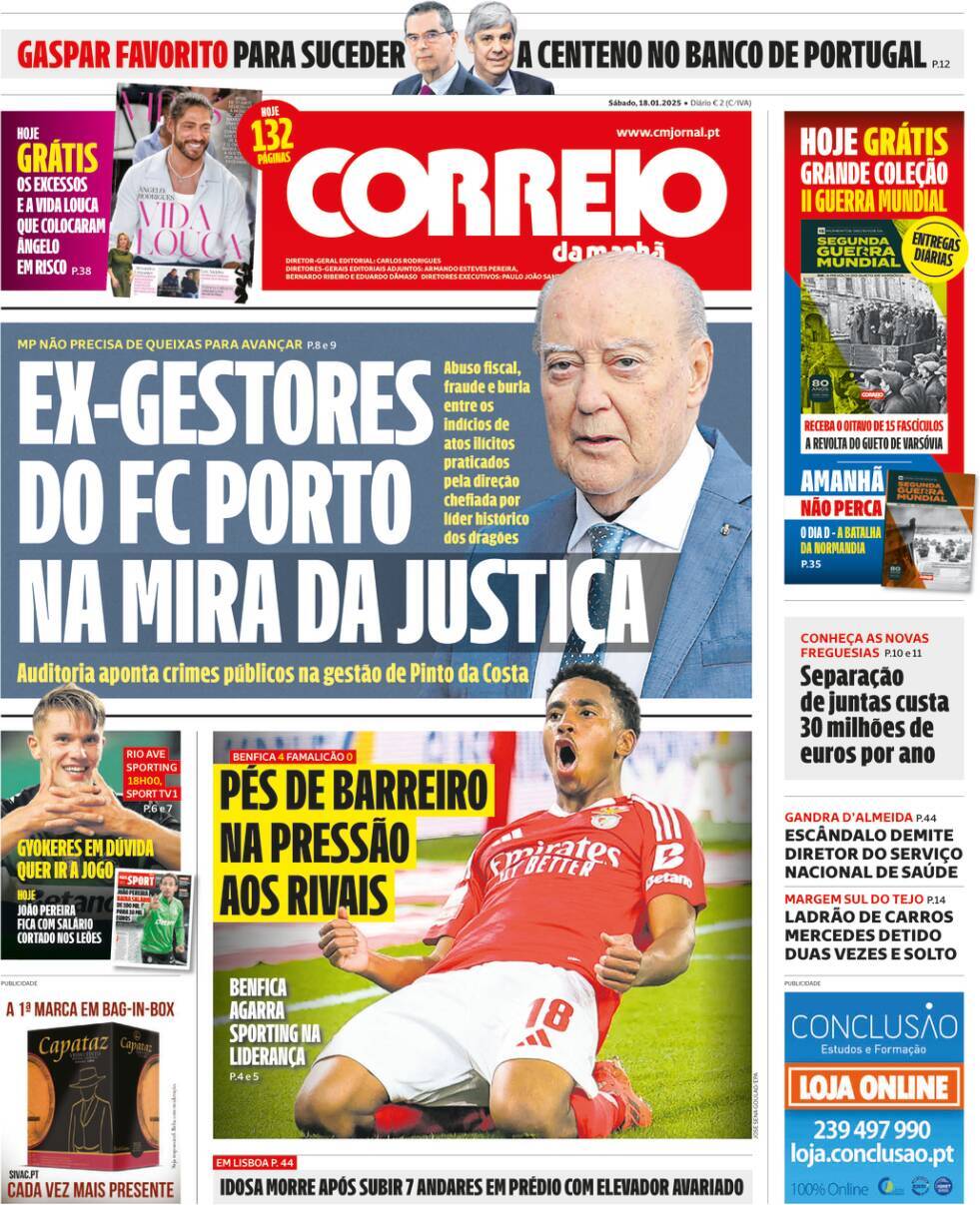 Correio da Manh&atilde;: Capa da Edi&ccedil;&atilde;o de s&aacute;bado, 18 de janeiro 2025