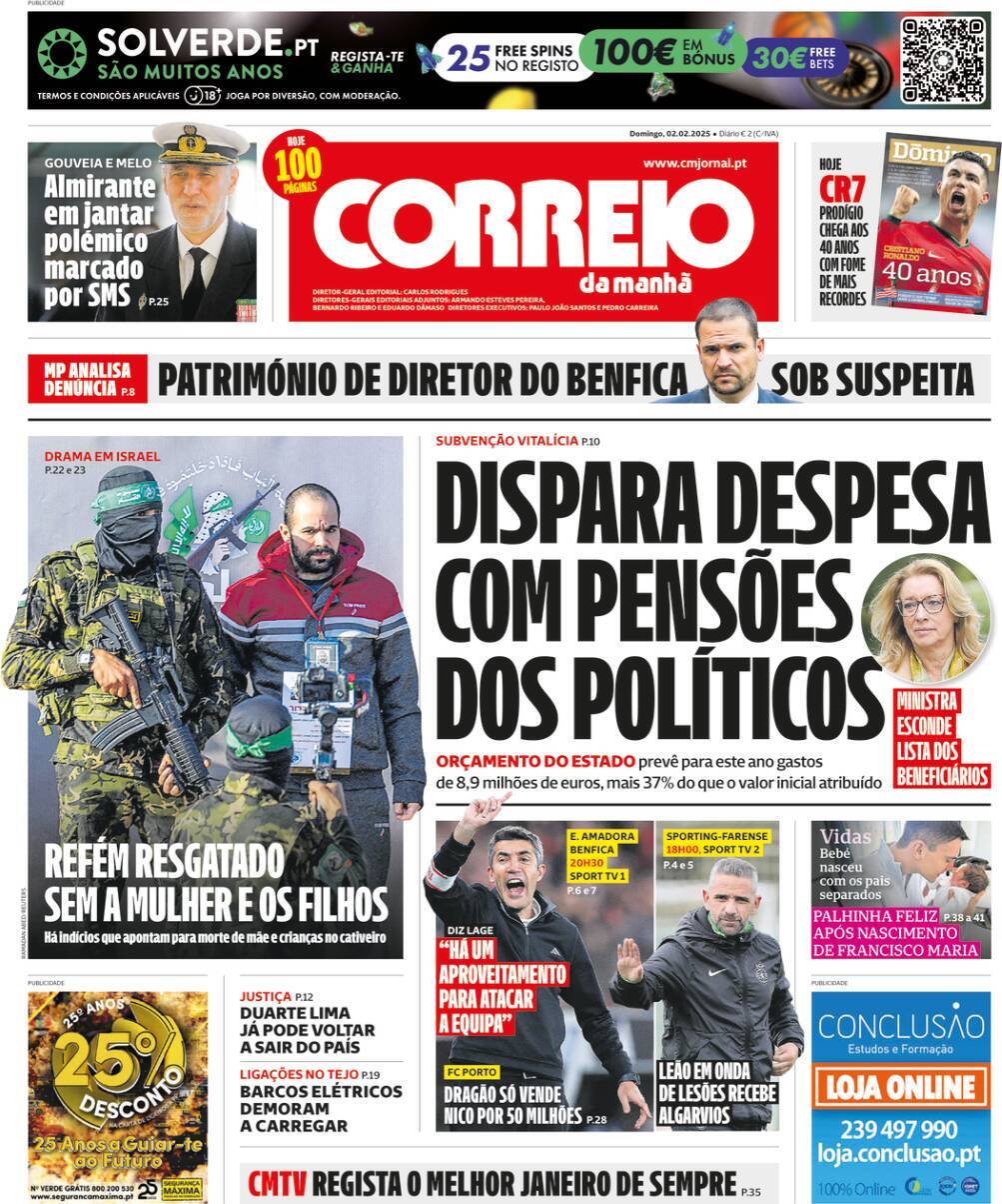 Correio da Manh&atilde;: Capa da Edi&ccedil;&atilde;o de domingo, 02 de fevereiro 2025