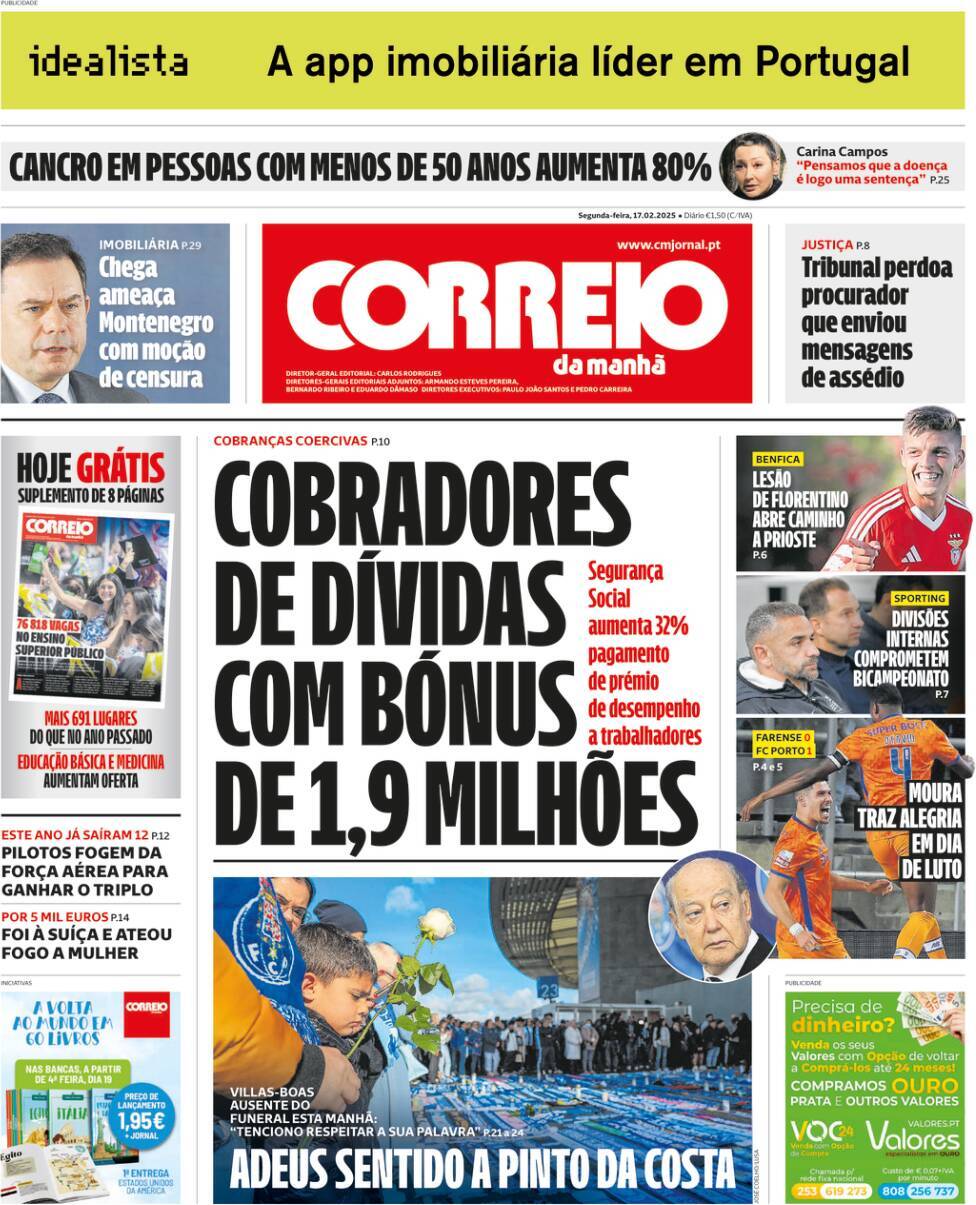 Correio da Manh&atilde;: Capa da Edi&ccedil;&atilde;o de segunda-feira, 17 de fevereiro 2025