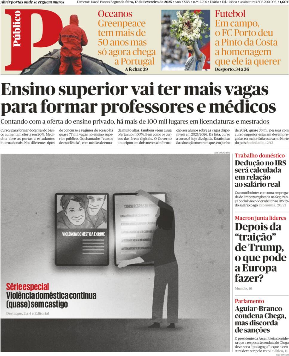 P&uacute;blico: Capa da Edi&ccedil;&atilde;o de segunda-feira, 17 de fevereiro 2025