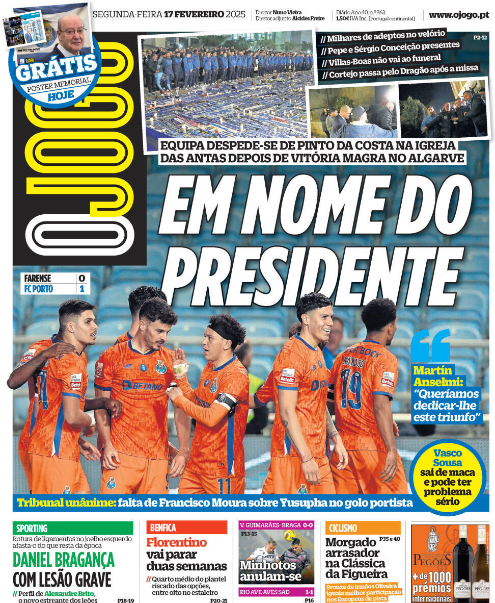 O Jogo: Capa da Edi&ccedil;&atilde;o de segunda-feira, 17 de fevereiro 2025