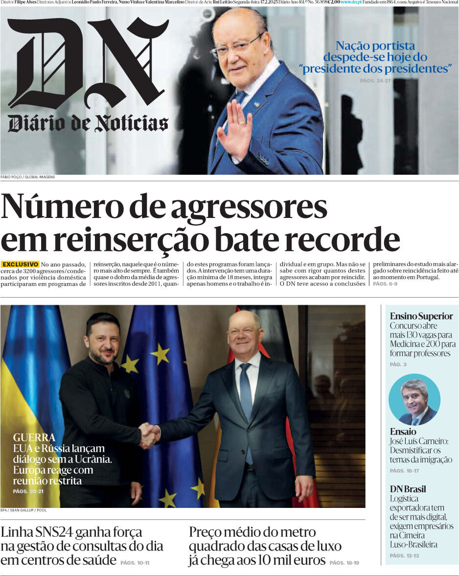 Di&aacute;rio de Not&iacute;cias: Capa da Edi&ccedil;&atilde;o de segunda-feira, 17 de fevereiro 2025