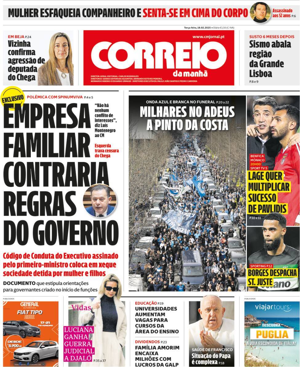 Correio da Manh&atilde;: Capa da Edi&ccedil;&atilde;o de ter&ccedil;a-feira, 18 de fevereiro 2025