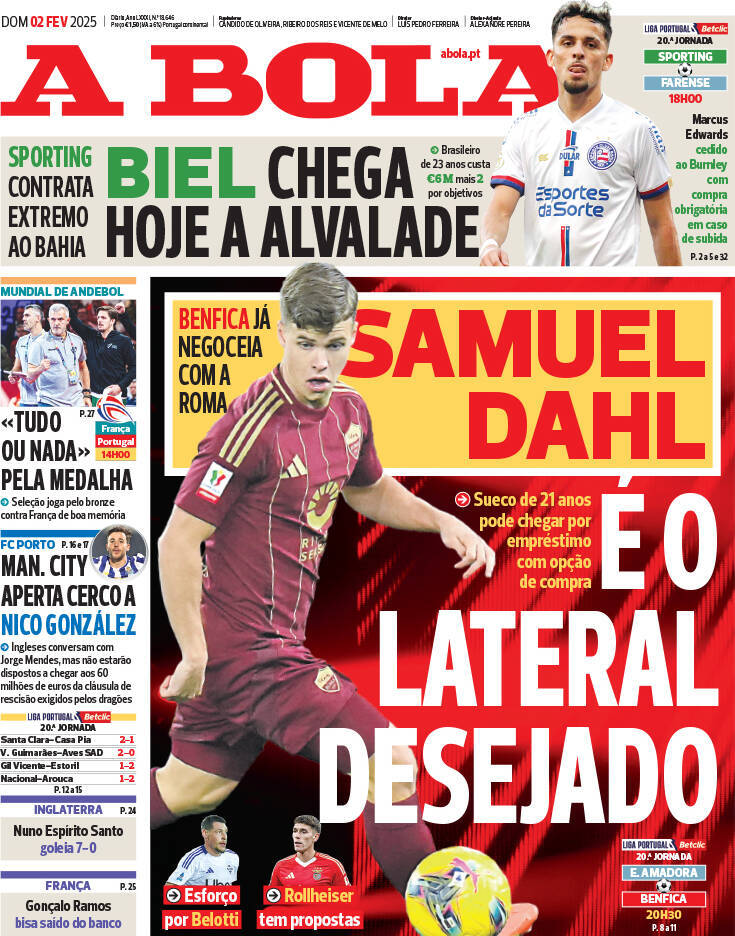 A Bola: Capa da Edi&ccedil;&atilde;o de domingo, 02 de fevereiro 2025
