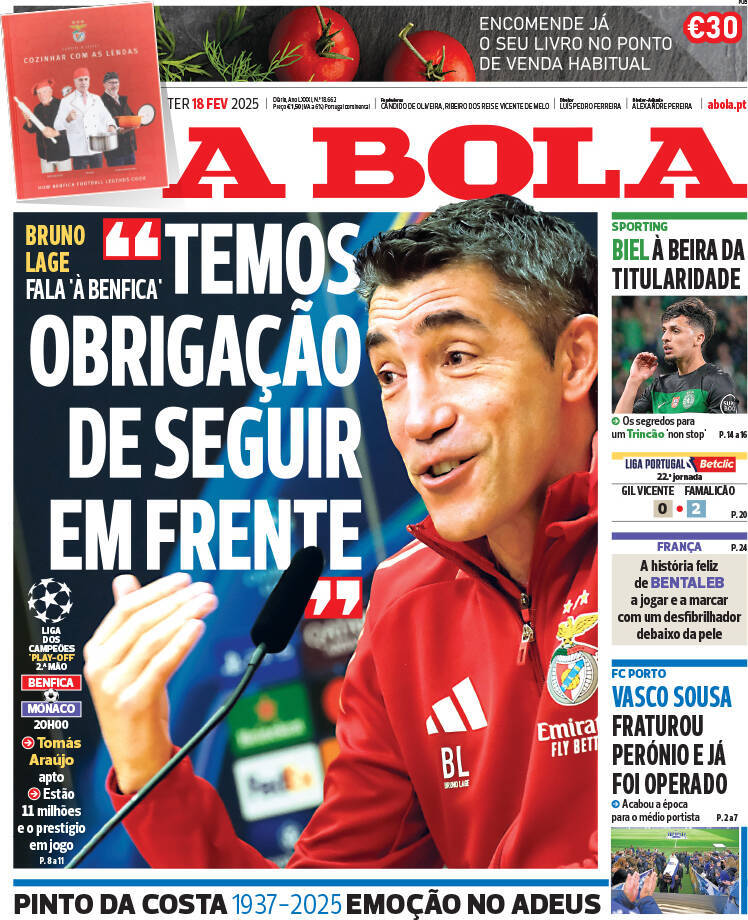 A Bola: Capa da Edi&ccedil;&atilde;o de ter&ccedil;a-feira, 18 de fevereiro 2025
