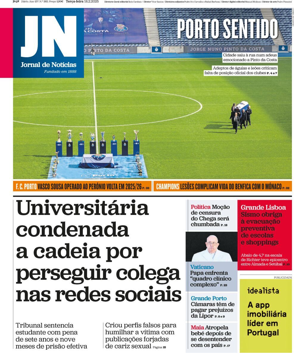 Jornal de Not&iacute;cias: Capa da Edi&ccedil;&atilde;o de ter&ccedil;a-feira, 18 de fevereiro 2025