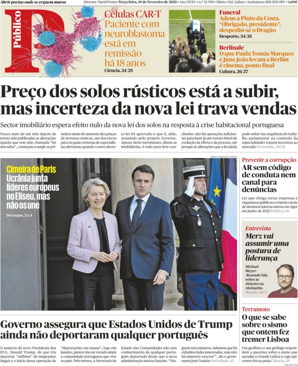 P&uacute;blico: Capa da Edi&ccedil;&atilde;o de ter&ccedil;a-feira, 18 de fevereiro 2025