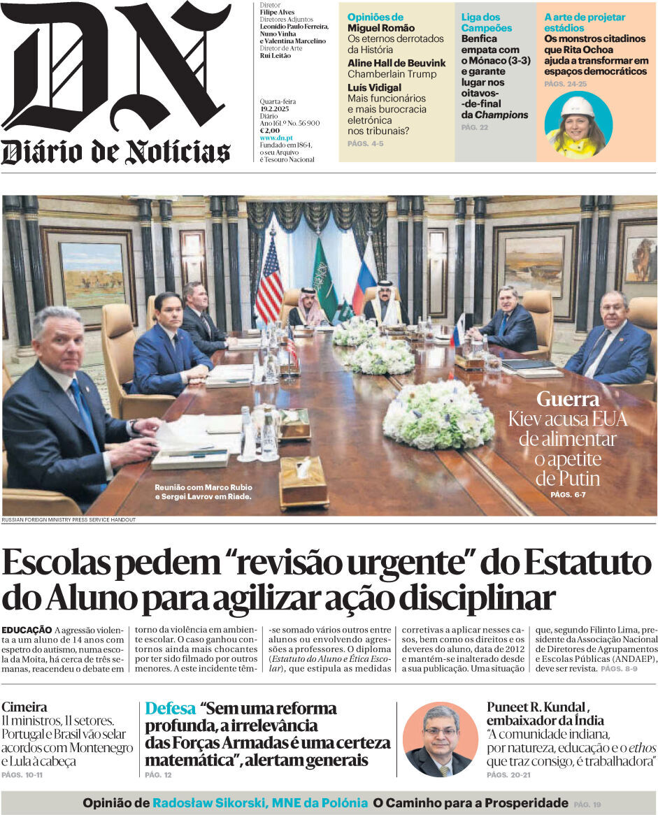 Di&aacute;rio de Not&iacute;cias: Capa da Edi&ccedil;&atilde;o de quarta-feira, 19 de fevereiro 2025