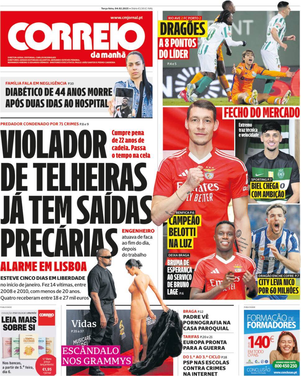 Correio da Manh&atilde;: Capa da Edi&ccedil;&atilde;o de ter&ccedil;a-feira, 04 de fevereiro 2025
