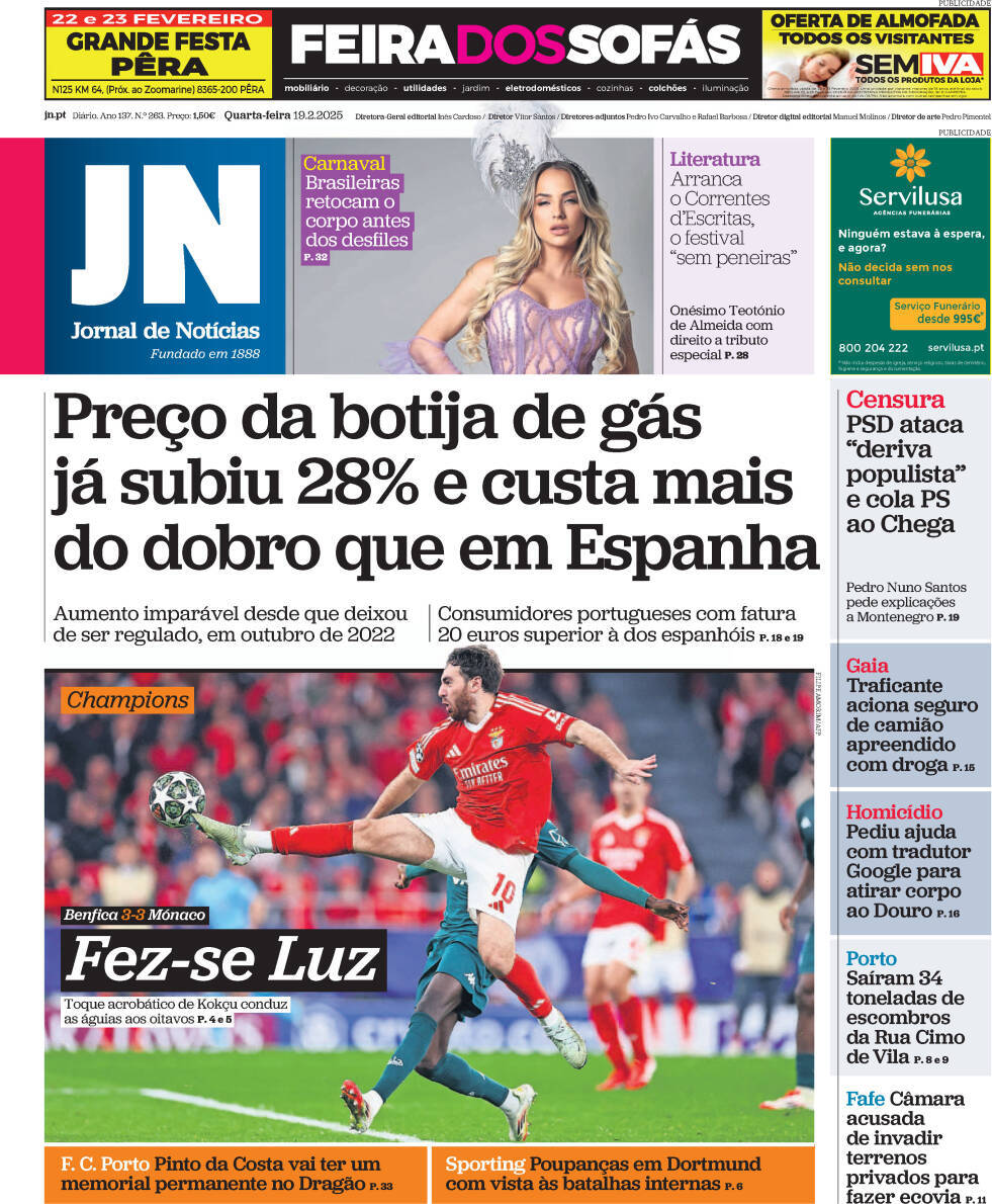 Jornal de Not&iacute;cias: Capa da Edi&ccedil;&atilde;o de quarta-feira, 19 de fevereiro 2025
