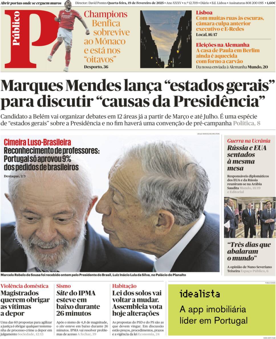 P&uacute;blico: Capa da Edi&ccedil;&atilde;o de quarta-feira, 19 de fevereiro 2025