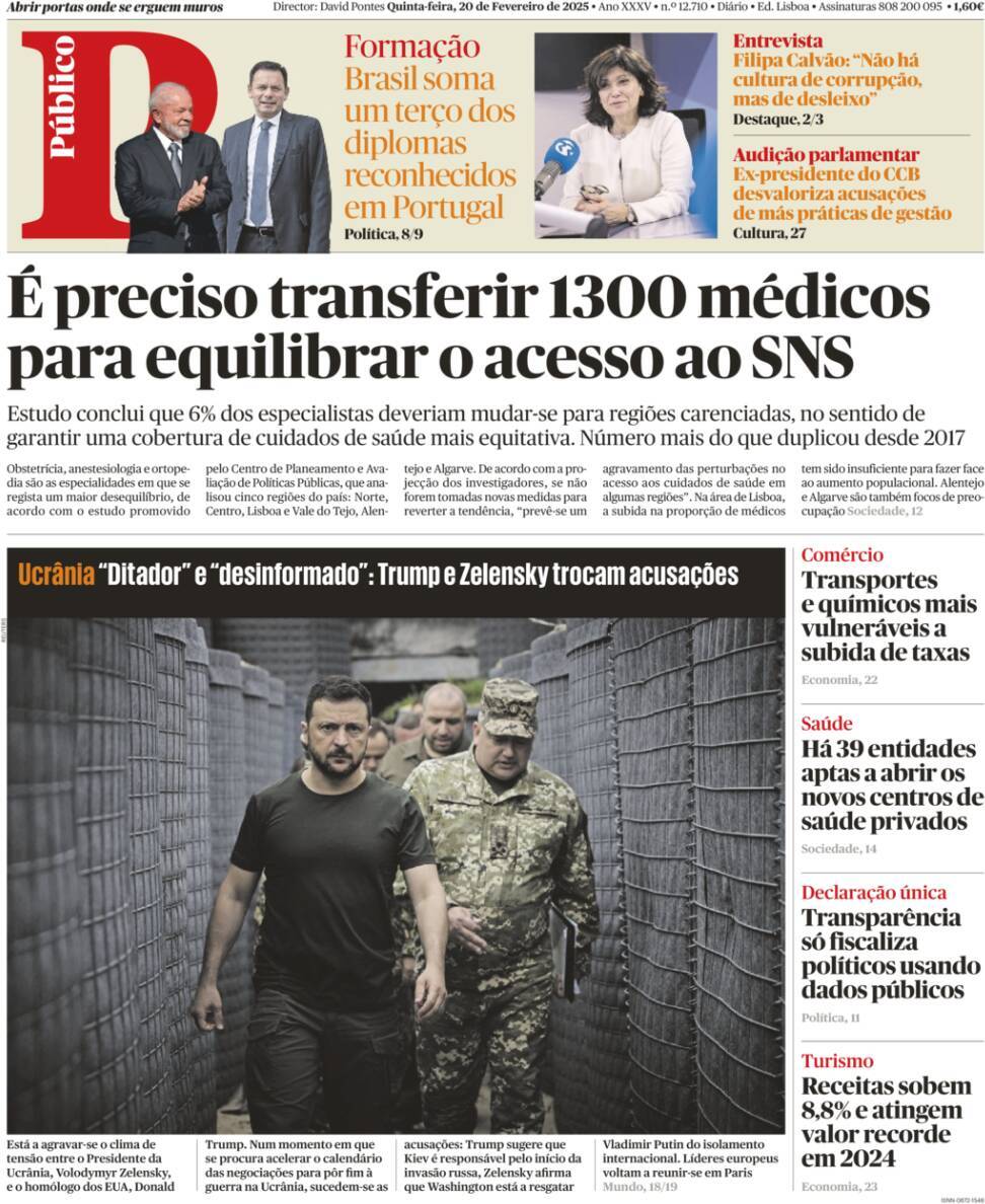 P&uacute;blico: Capa da Edi&ccedil;&atilde;o de quinta-feira, 20 de fevereiro 2025