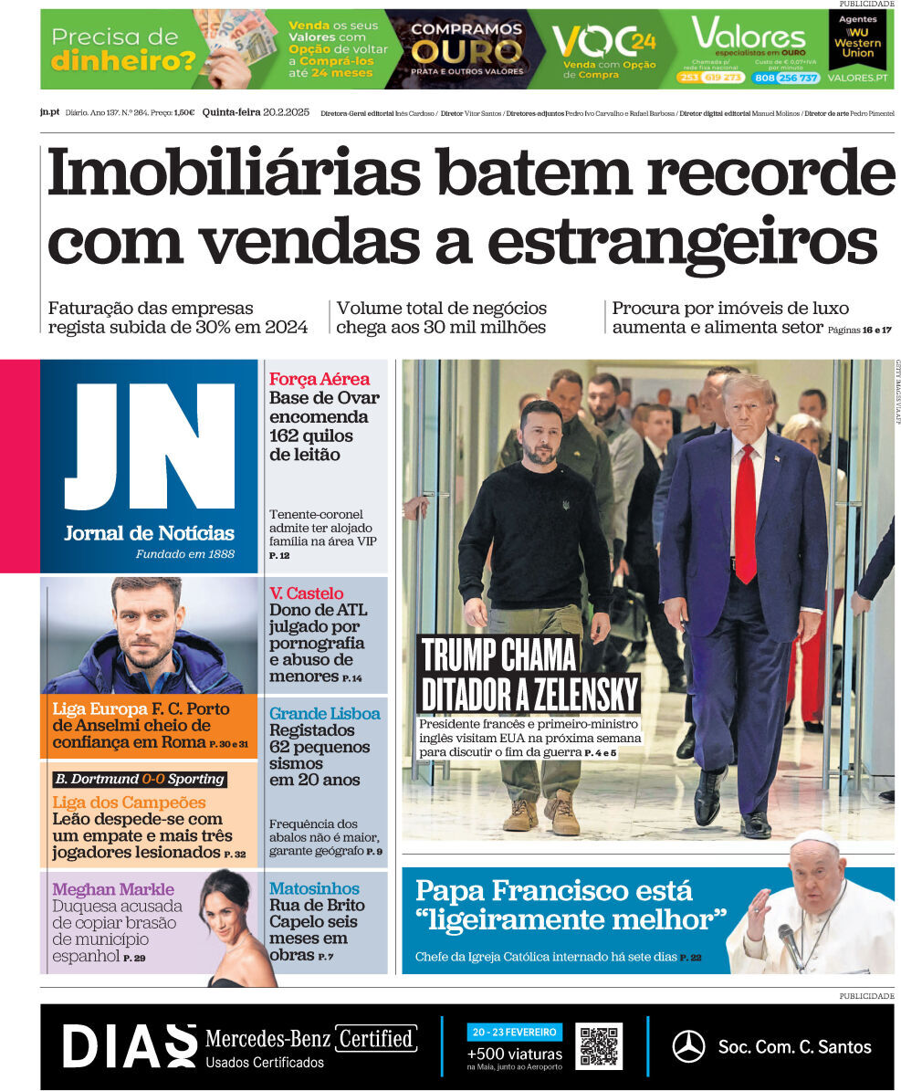 Jornal de Not&iacute;cias: Capa da Edi&ccedil;&atilde;o de quinta-feira, 20 de fevereiro 2025