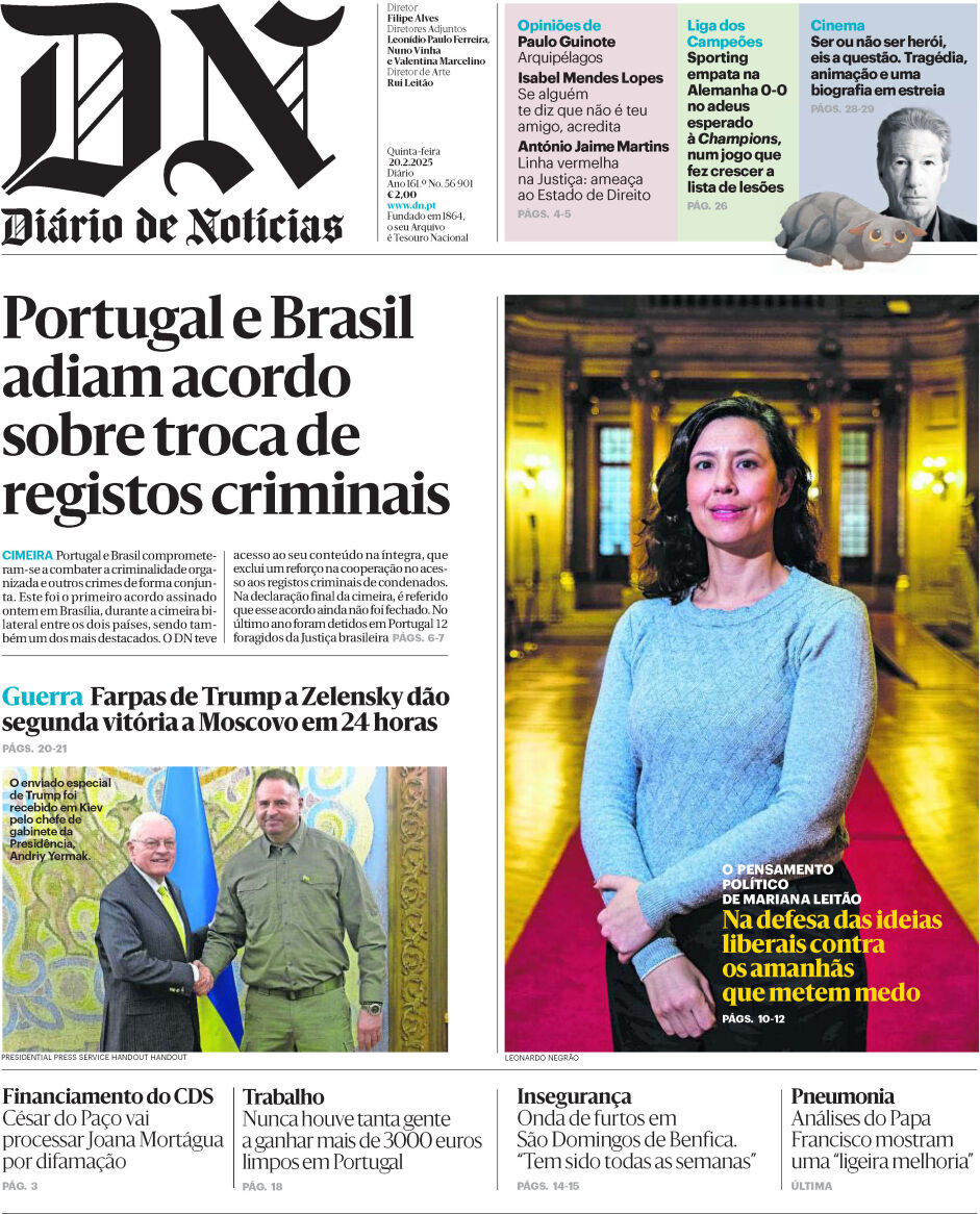 Di&aacute;rio de Not&iacute;cias: Capa da Edi&ccedil;&atilde;o de quinta-feira, 20 de fevereiro 2025