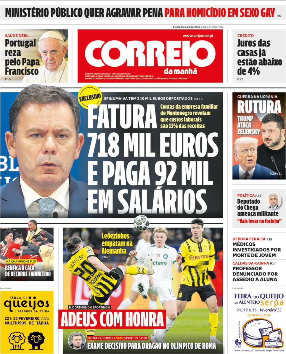 Correio da Manh&atilde;: Capa da Edi&ccedil;&atilde;o de quinta-feira, 20 de fevereiro 2025
