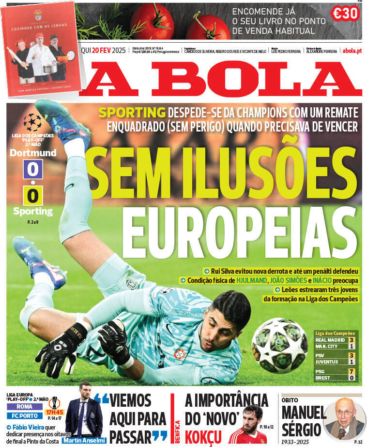 A Bola: Capa da Edi&ccedil;&atilde;o de quinta-feira, 20 de fevereiro 2025